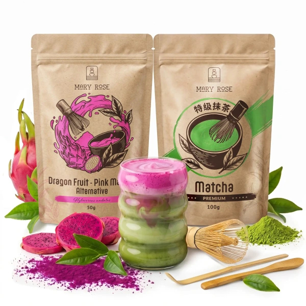 Készlet színes Matcha Latte-hoz: Matcha + Pink Matcha + kiegészítők