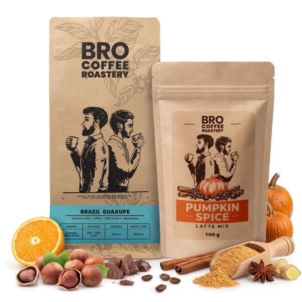 Pumpkin Spice Latte szett: Bro Coffee Roastery Brazil Guaxupe kávé 1kg + Pumpkin Spice Latte Mix 100g