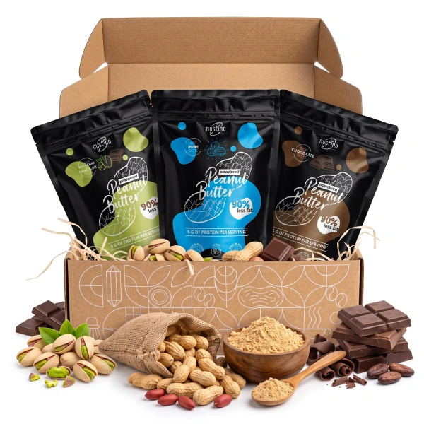 Porított mogyoróvaj-ajándékcsomag Nustino: Pure + Chocolate + Pistachio & Chocolate 3x400g