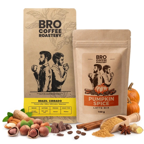 Pumpkin Spice Latte szett: Bro Coffee Roastery Brazil Cerrado kávé 1kg + Pumpkin Spice Latte Mix 100g