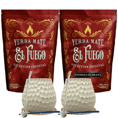 Kezdőcsomag két fő részére Yerba Mate El Fuego 2×500 g + 2× Mate Tök + 2× Bombilla