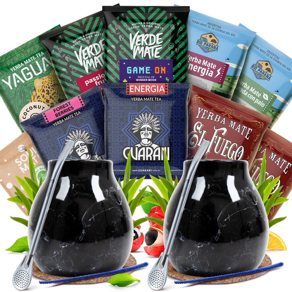 Yerba Mate készlet két személyre: 10x50g minták + 2x Mate Tök + 2x Bombilla